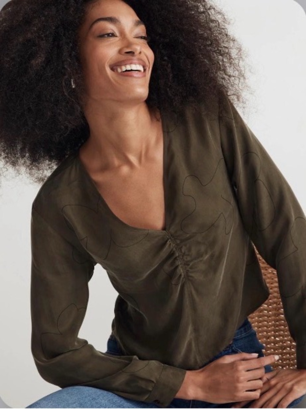 Madewell Women’s Olive Long-Sleeve V-Neck Blouse side zip top size 6 EUC